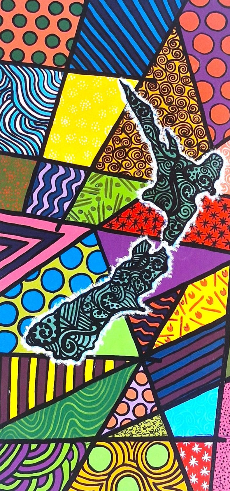 The North and South Islands of New Zealand in patterned teal with a white edge, set in a tall mosaic of colour shards filled with dots, stripes, waves and spirals, every shape outlined in black.