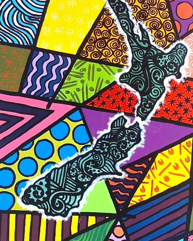 The North and South Islands of New Zealand in patterned teal with a white edge, set in a tall mosaic of colour shards filled with dots, stripes, waves and spirals, every shape outlined in black.