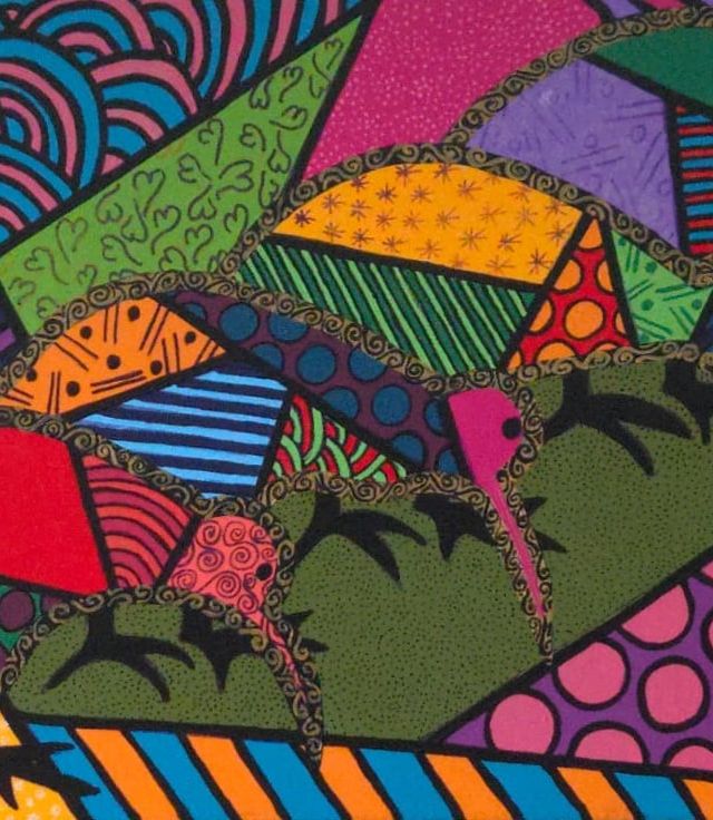 A kiwi in flat shards of green, red and pink with black feet, striding across a marigold ground on a wide canvas of patterned colour blocks, every shape outlined in black.
