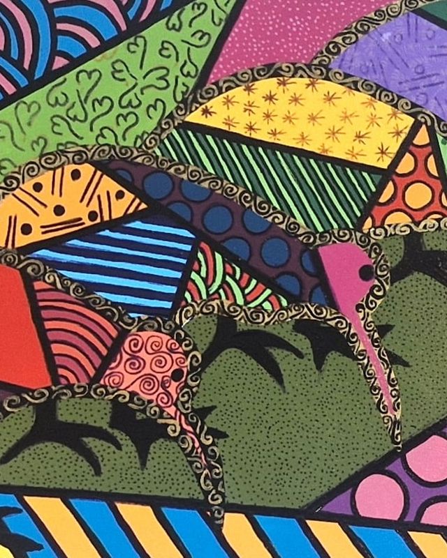 A kiwi in flat shards of green, red and pink with black feet, striding across a marigold ground on a wide canvas of patterned colour blocks, every shape outlined in black.