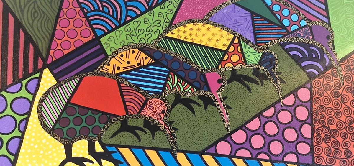 A kiwi in flat shards of green, red and pink with black feet, striding across a marigold ground on a wide canvas of patterned colour blocks, every shape outlined in black.