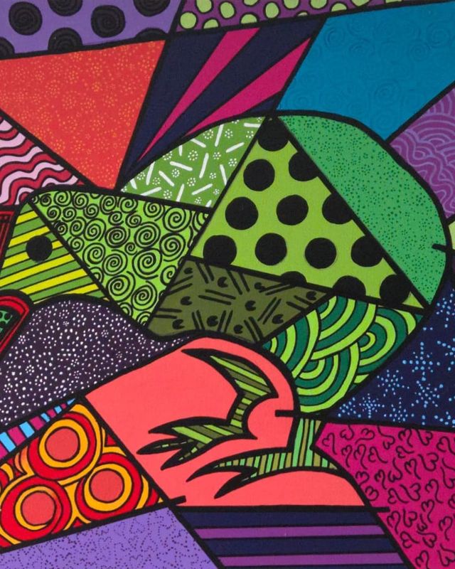 A bird with a green patterned head, a long striped beak and a coral chest, set in a mosaic of blue waves, red stripes, purple spirals and pink flowers on a landscape canvas, every shape outlined in black.