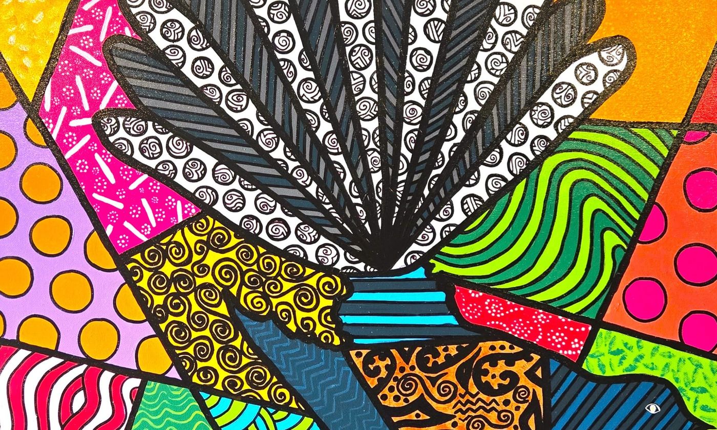 A fantail with its tail fanned wide in grey and white patterned feathers, its body in blue, orange and brown spirals, set against shards of orange, blue, pink and purple, every shape outlined in black.