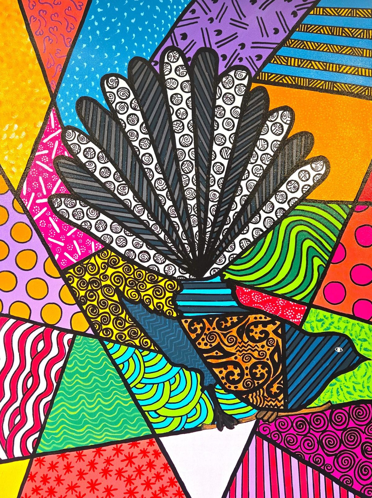 A fantail with its tail fanned wide in grey and white patterned feathers, its body in blue, orange and brown spirals, set against shards of orange, blue, pink and purple, every shape outlined in black.