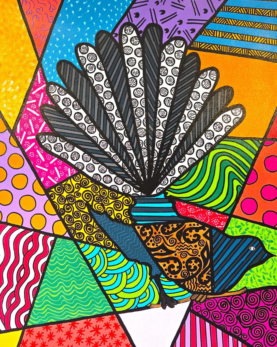 A fantail with its tail fanned wide in grey and white patterned feathers, its body in blue, orange and brown spirals, set against shards of orange, blue, pink and purple, every shape outlined in black.