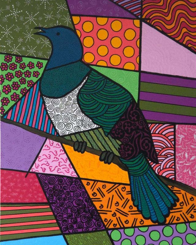 A tūī with a white throat tuft and a teal, green and purple body sits on a branch, surrounded by shards of orange dots, pink waves, green flowers and purple stripes, every shape outlined in black.