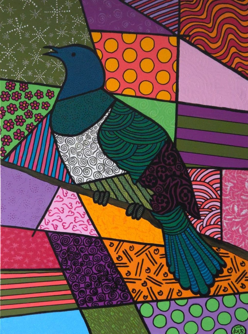 A tūī with a white throat tuft and a teal, green and purple body sits on a branch, surrounded by shards of orange dots, pink waves, green flowers and purple stripes, every shape outlined in black.