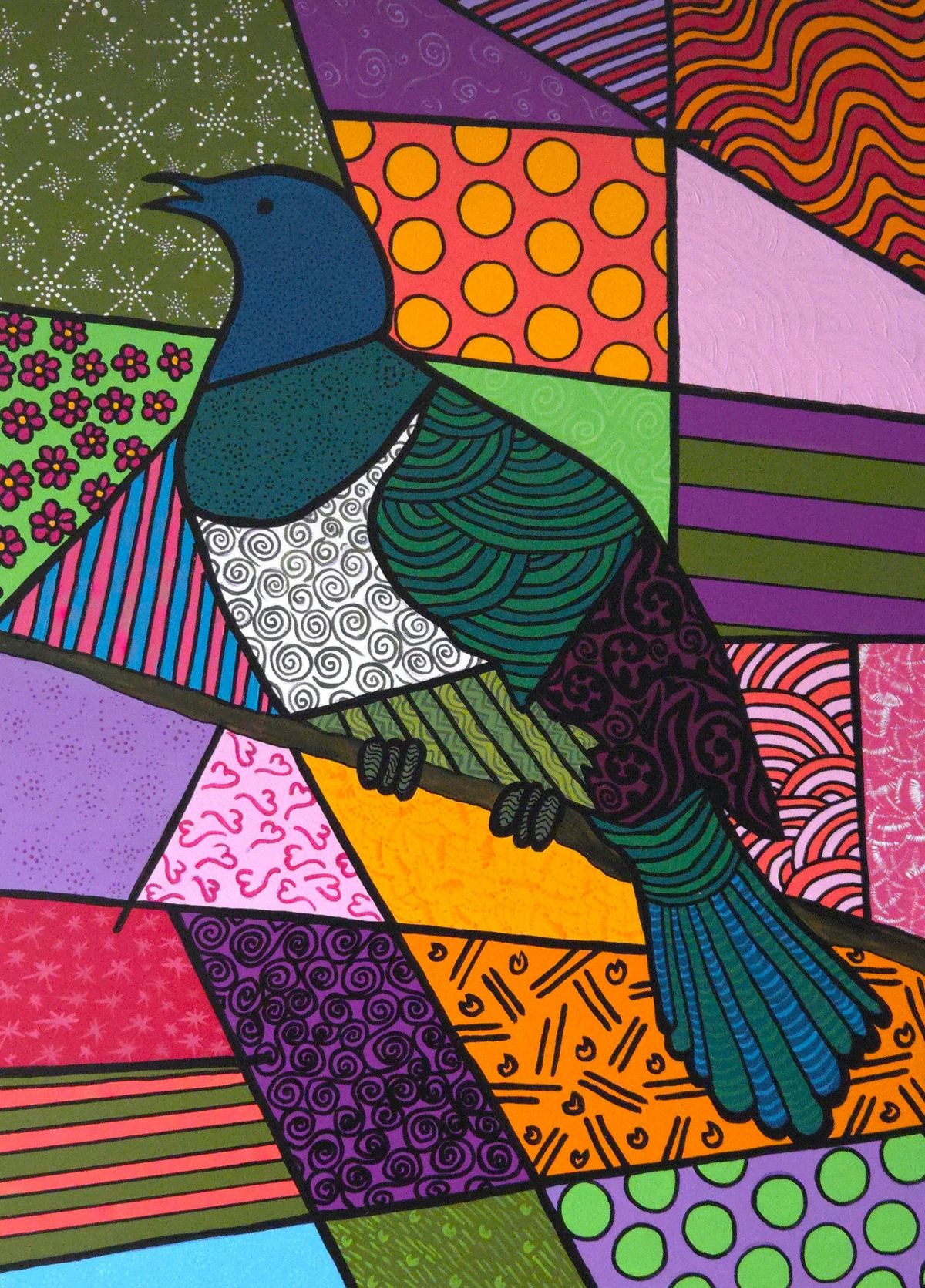 A tūī with a white throat tuft and a teal, green and purple body sits on a branch, surrounded by shards of orange dots, pink waves, green flowers and purple stripes, every shape outlined in black.
