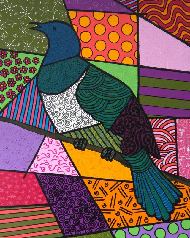 A tūī with a white throat tuft and a teal, green and purple body sits on a branch, surrounded by shards of orange dots, pink waves, green flowers and purple stripes, every shape outlined in black.