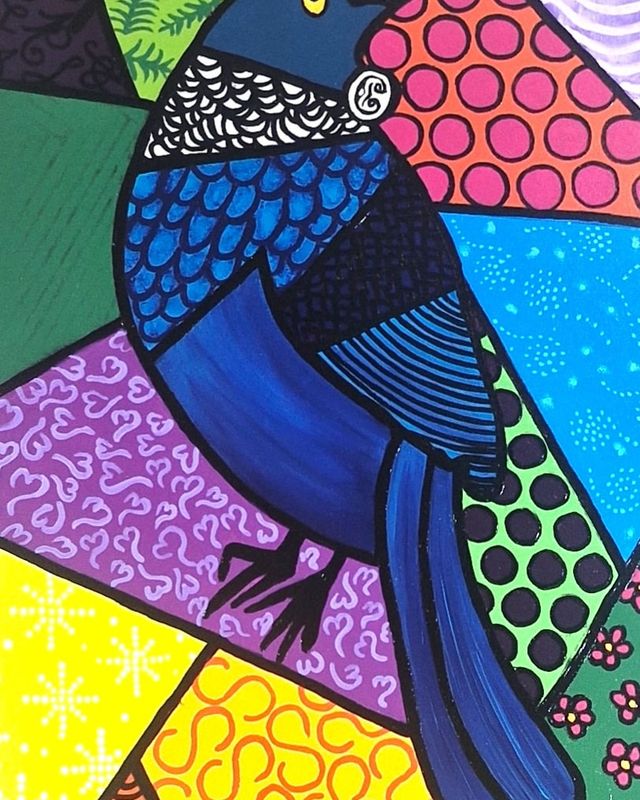 A tūī in blues with a white throat tuft and an orange eye, perched upright on a tall narrow canvas of patterned shards in red, green, purple, yellow and orange, every shape outlined in black.