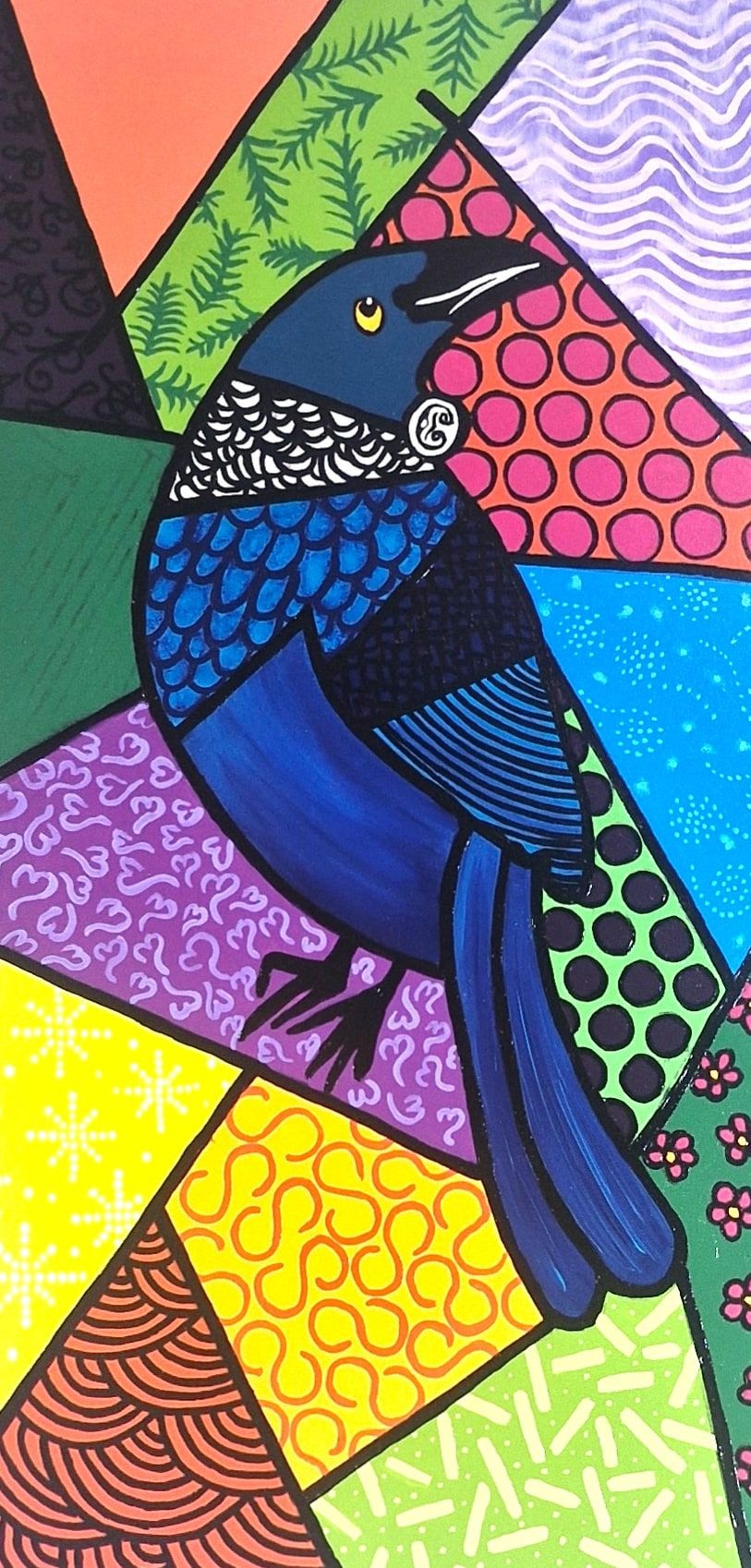 A tūī in blues with a white throat tuft and an orange eye, perched upright on a tall narrow canvas of patterned shards in red, green, purple, yellow and orange, every shape outlined in black.